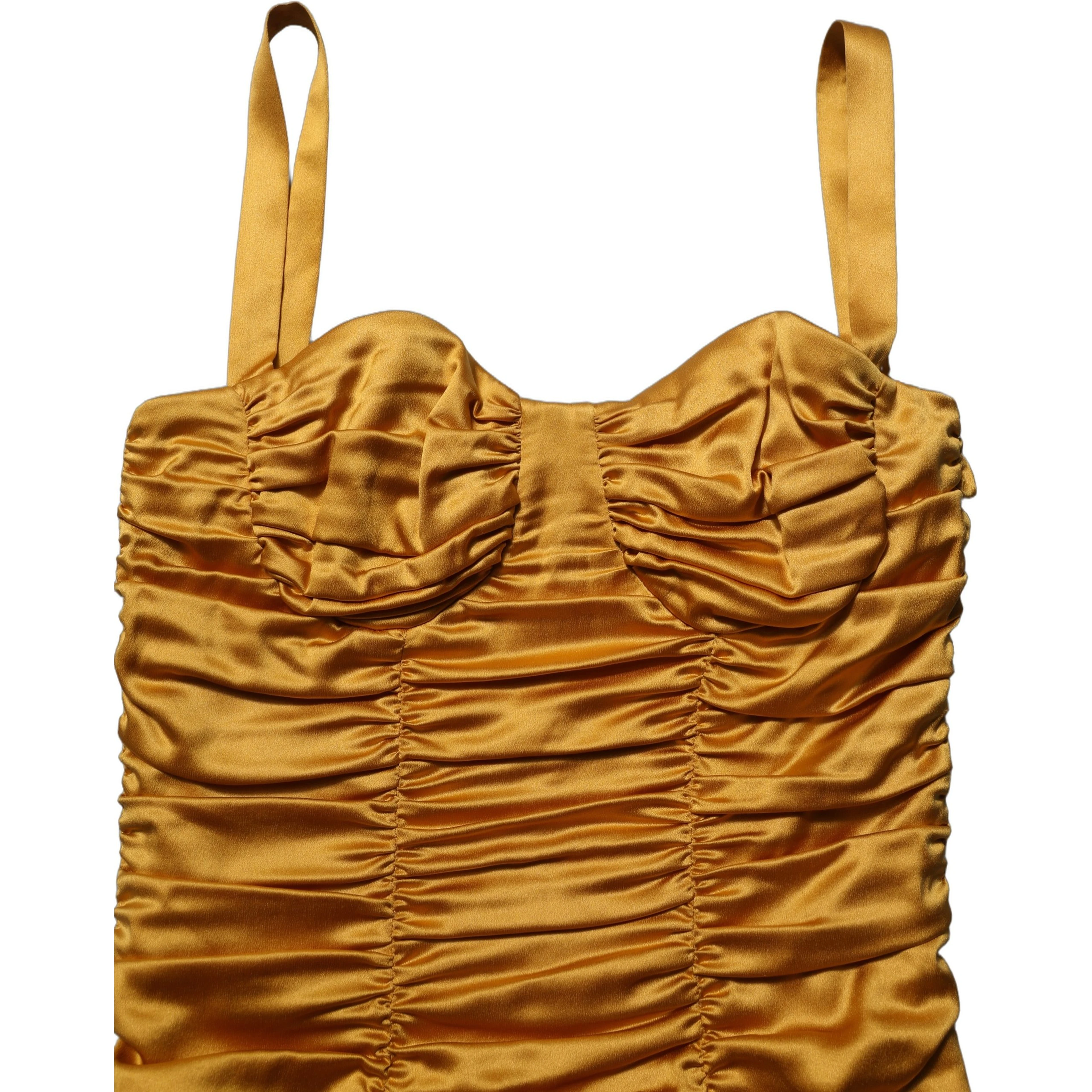 Gold Silk Ruched Bodycon Sheath Midi Dress