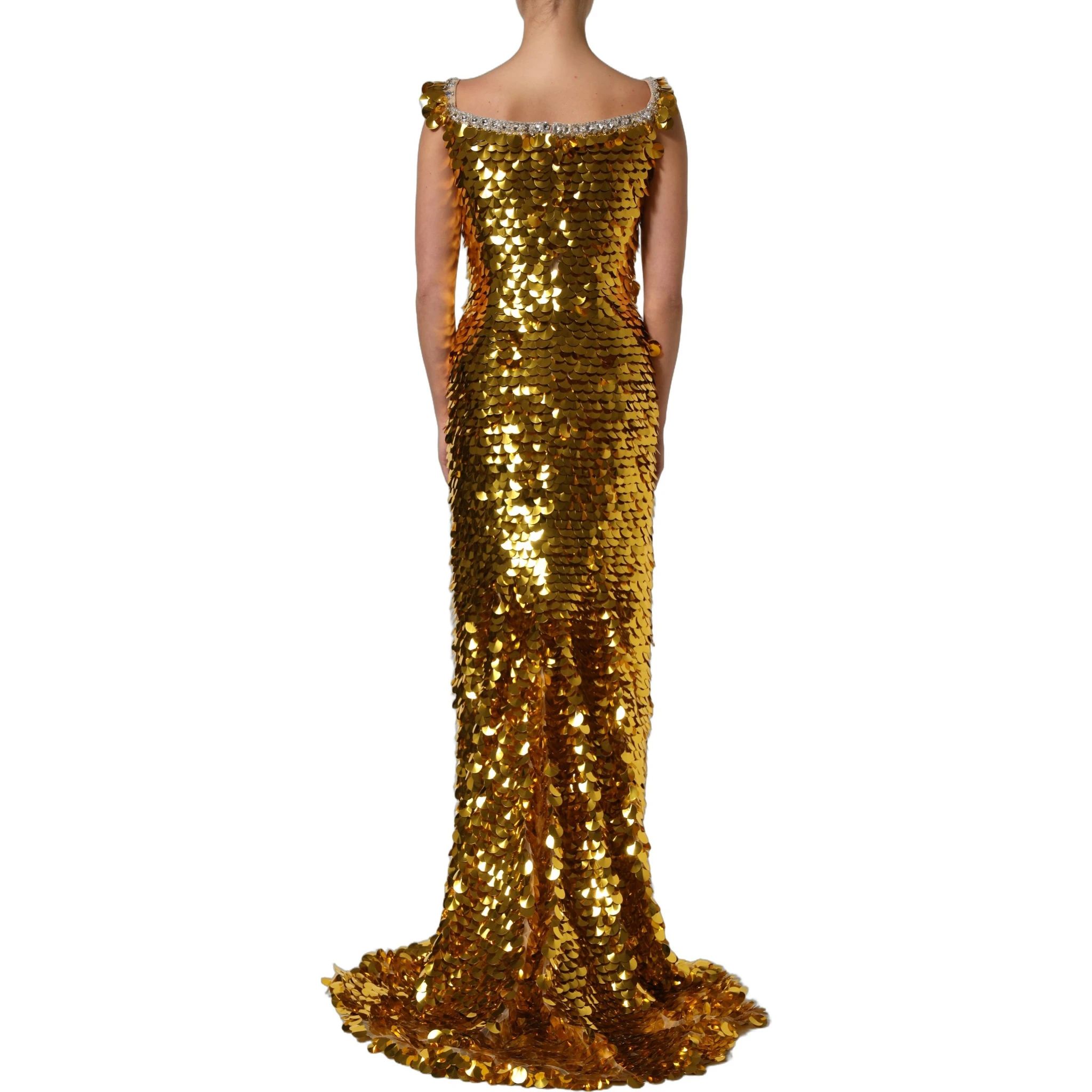 Gold Sequin Embellished Sleeveless Gown Dress