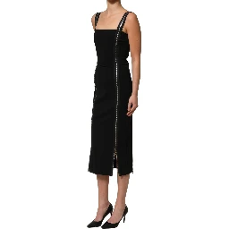 Black Sleeveless Front Zipper Midi Dress