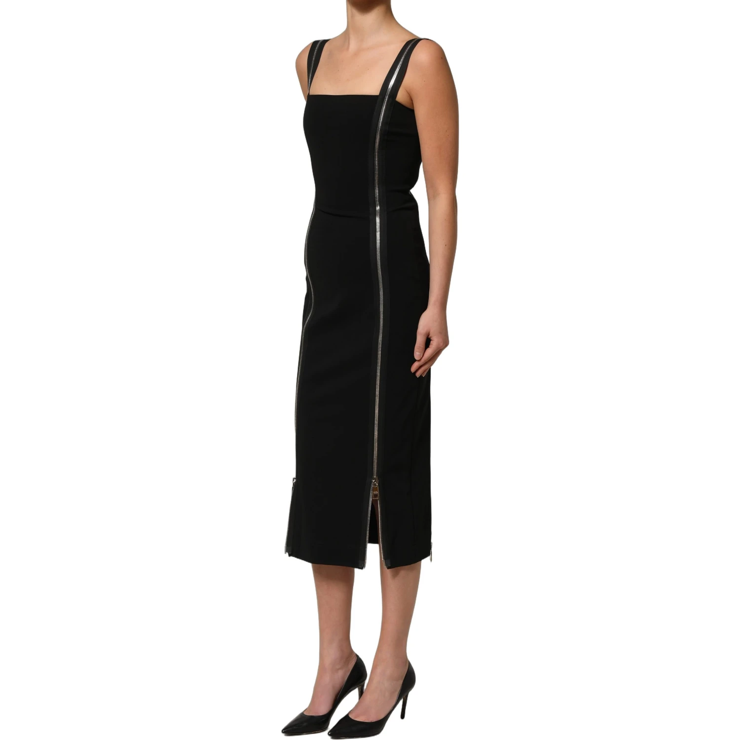 Black Sleeveless Front Zipper Midi Dress