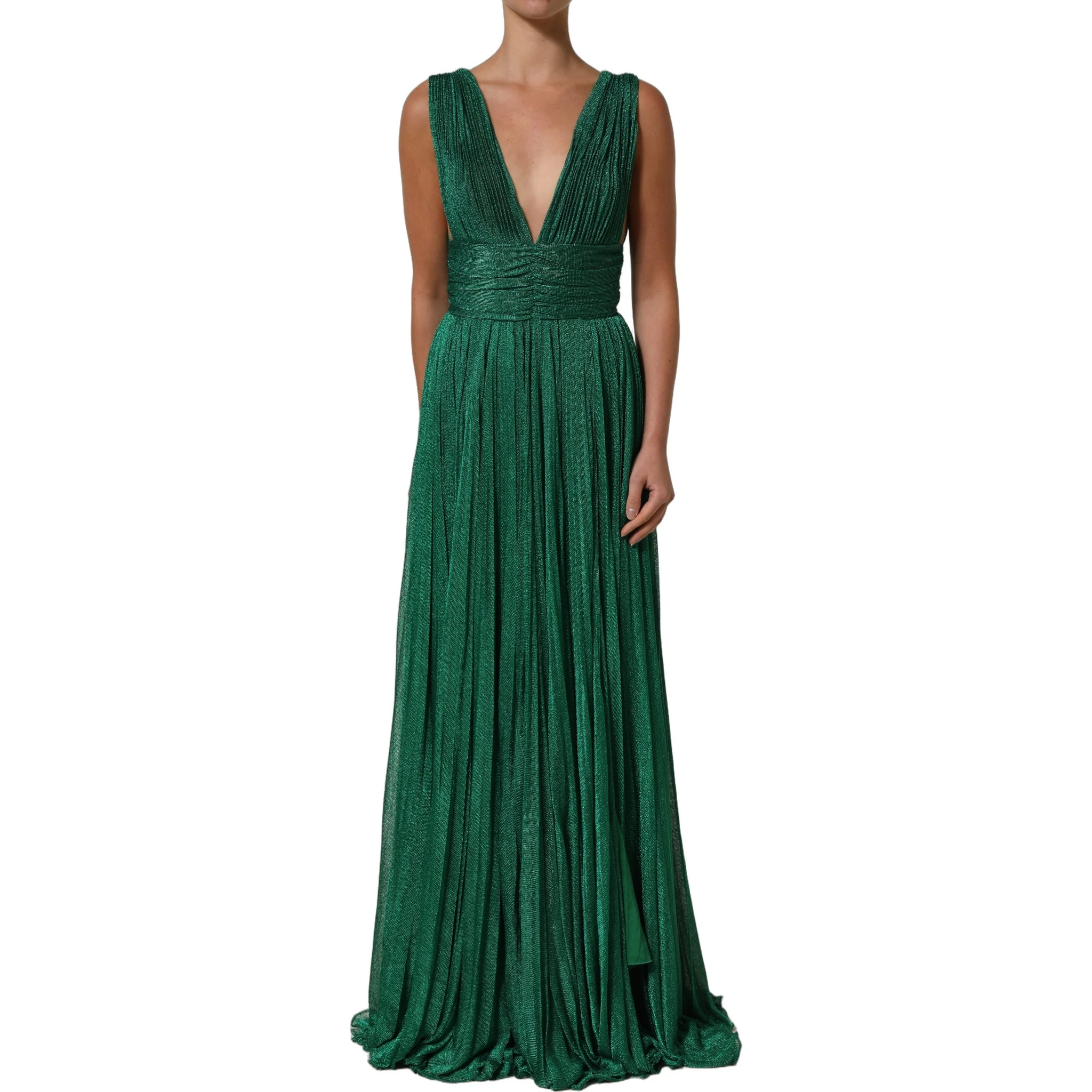Metallic Green Sleeveless Plissé Gown Dress