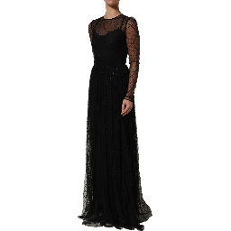 Black Mesh Lace Long Sleeved Maxi Gown Dress