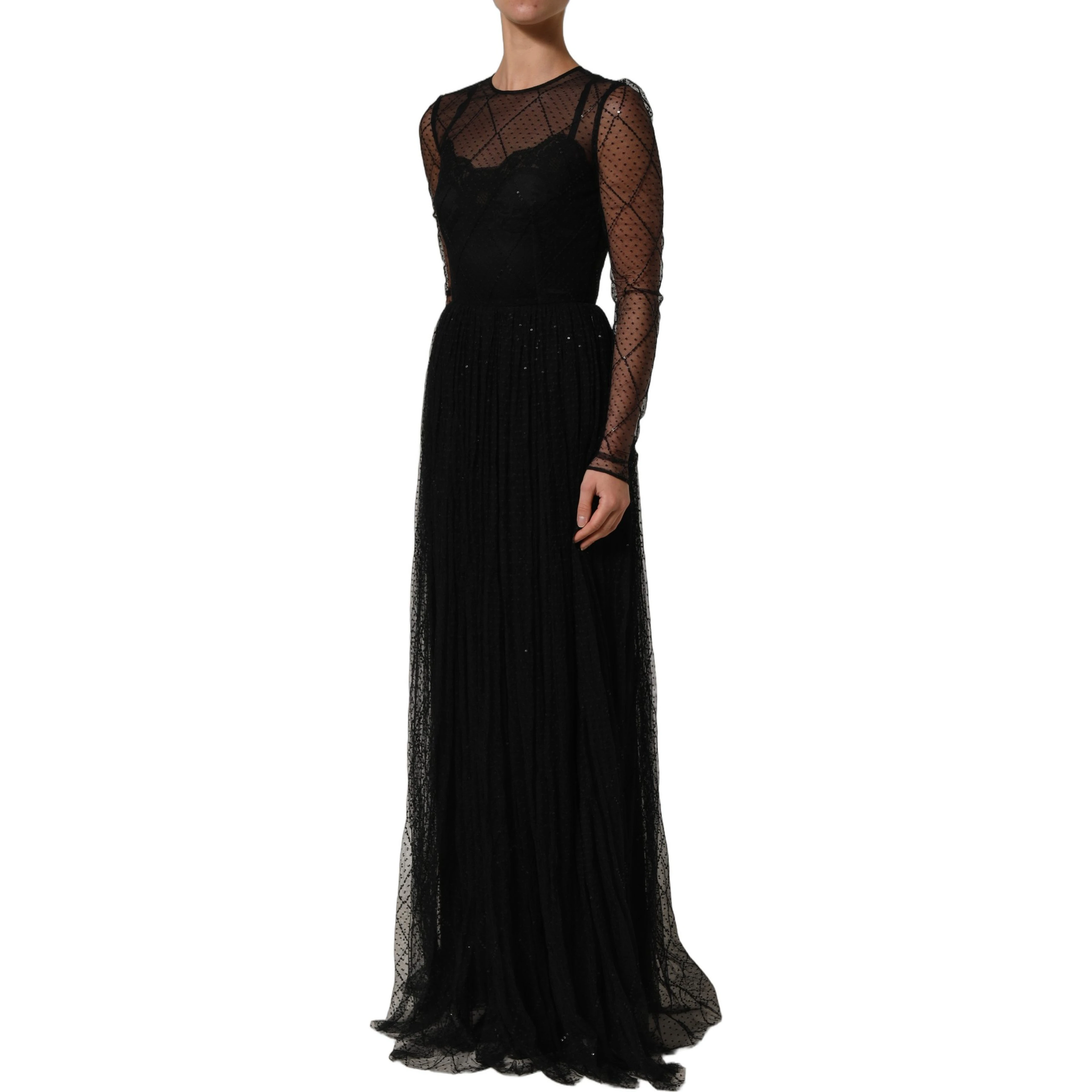 Black Mesh Lace Long Sleeved Maxi Gown Dress