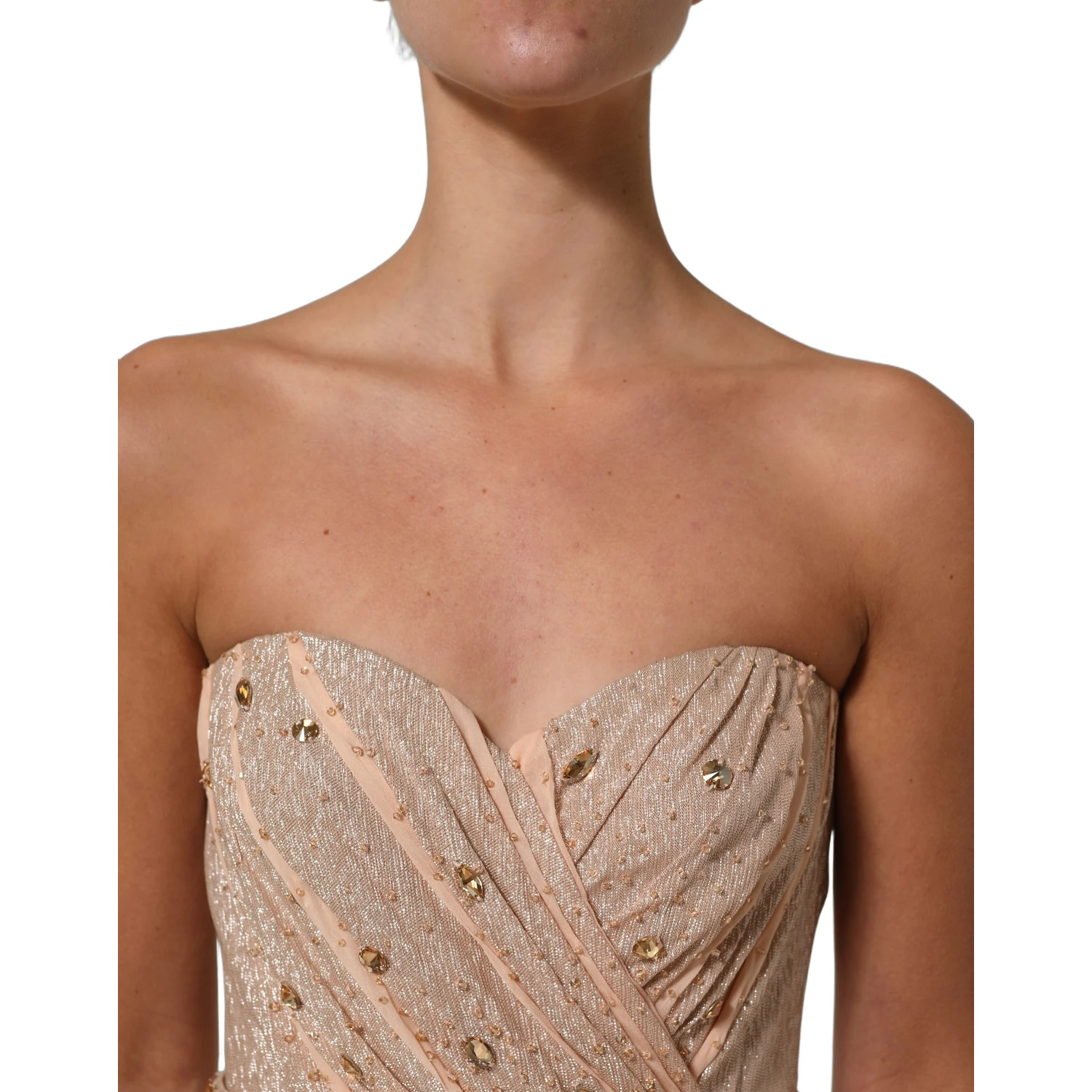 Nude Embellished Strapless Evening Gown Dress