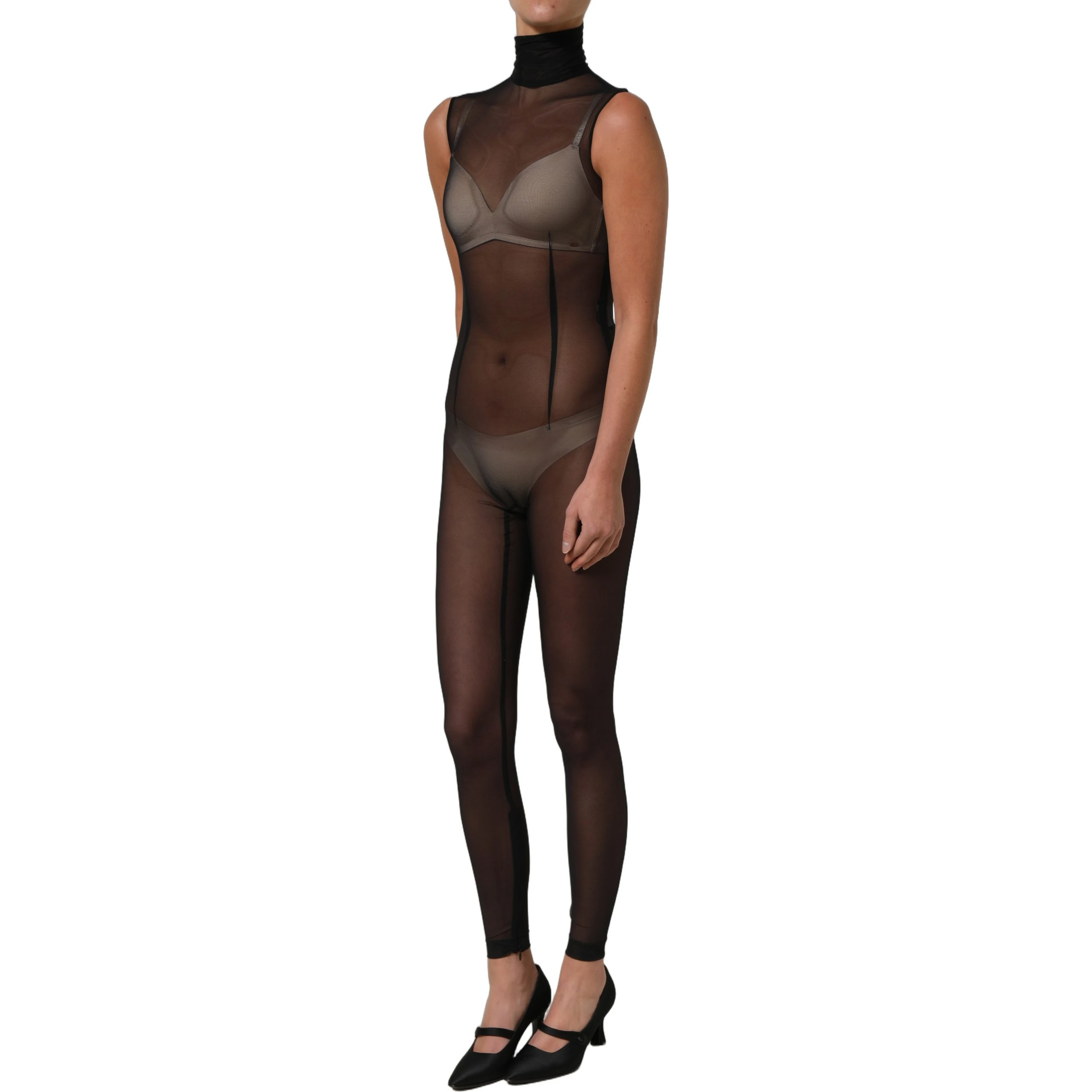 Black Sheer Mesh Jumpsuit Turtleneck Dress