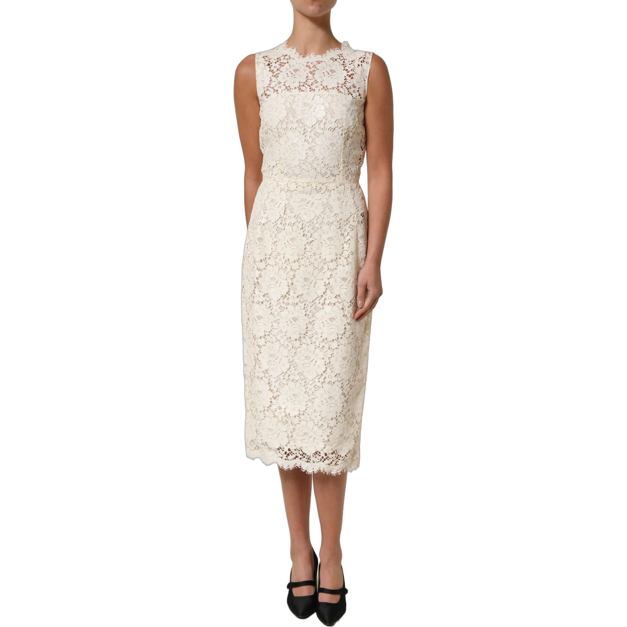 White Cotton Corded Lace Sleeveless Midi Dress