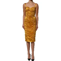 Gold Silk Ruched Bodycon Sheath Midi Dress