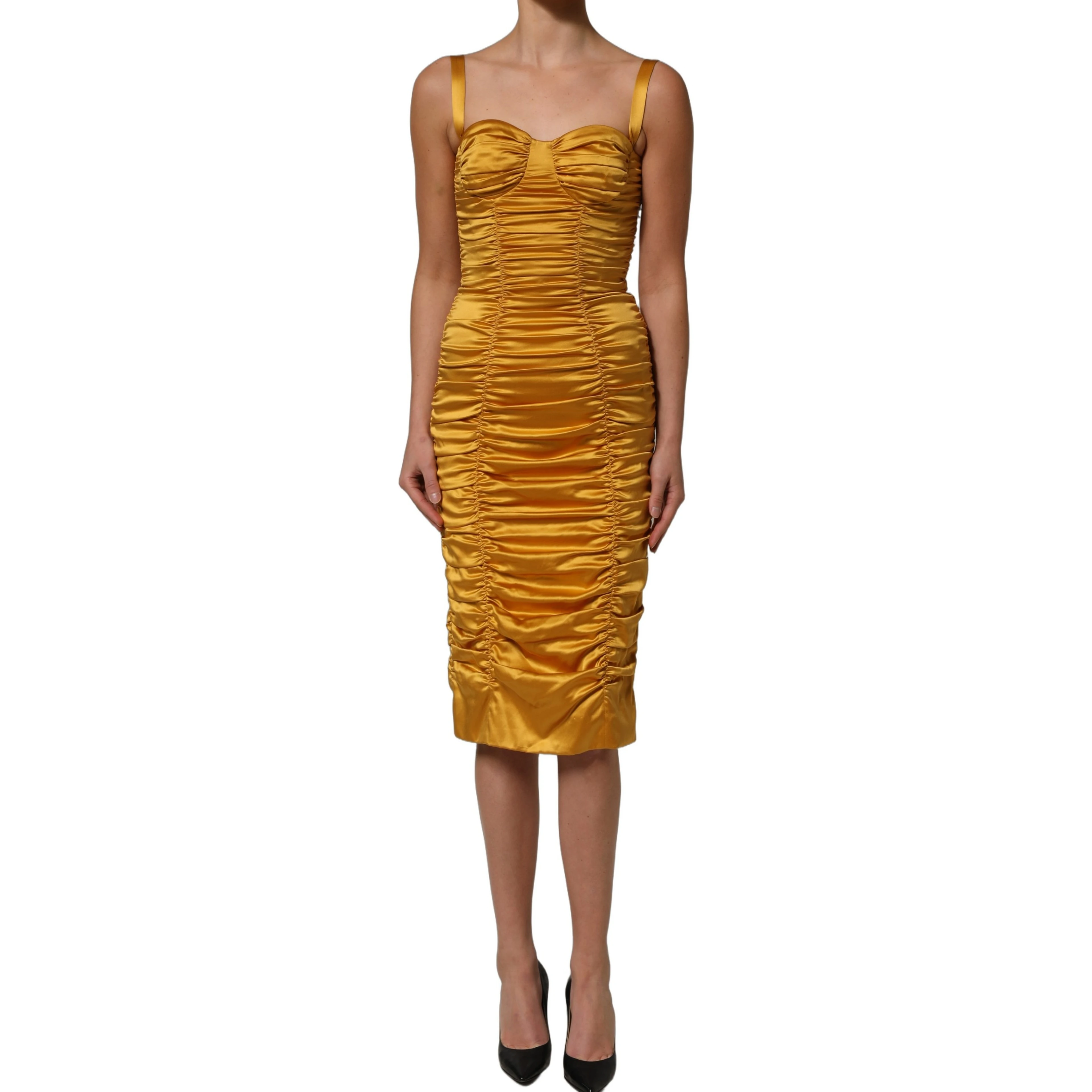 Gold Silk Ruched Bodycon Sheath Midi Dress