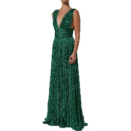 Metallic Green Sleeveless Plissé Gown Dress