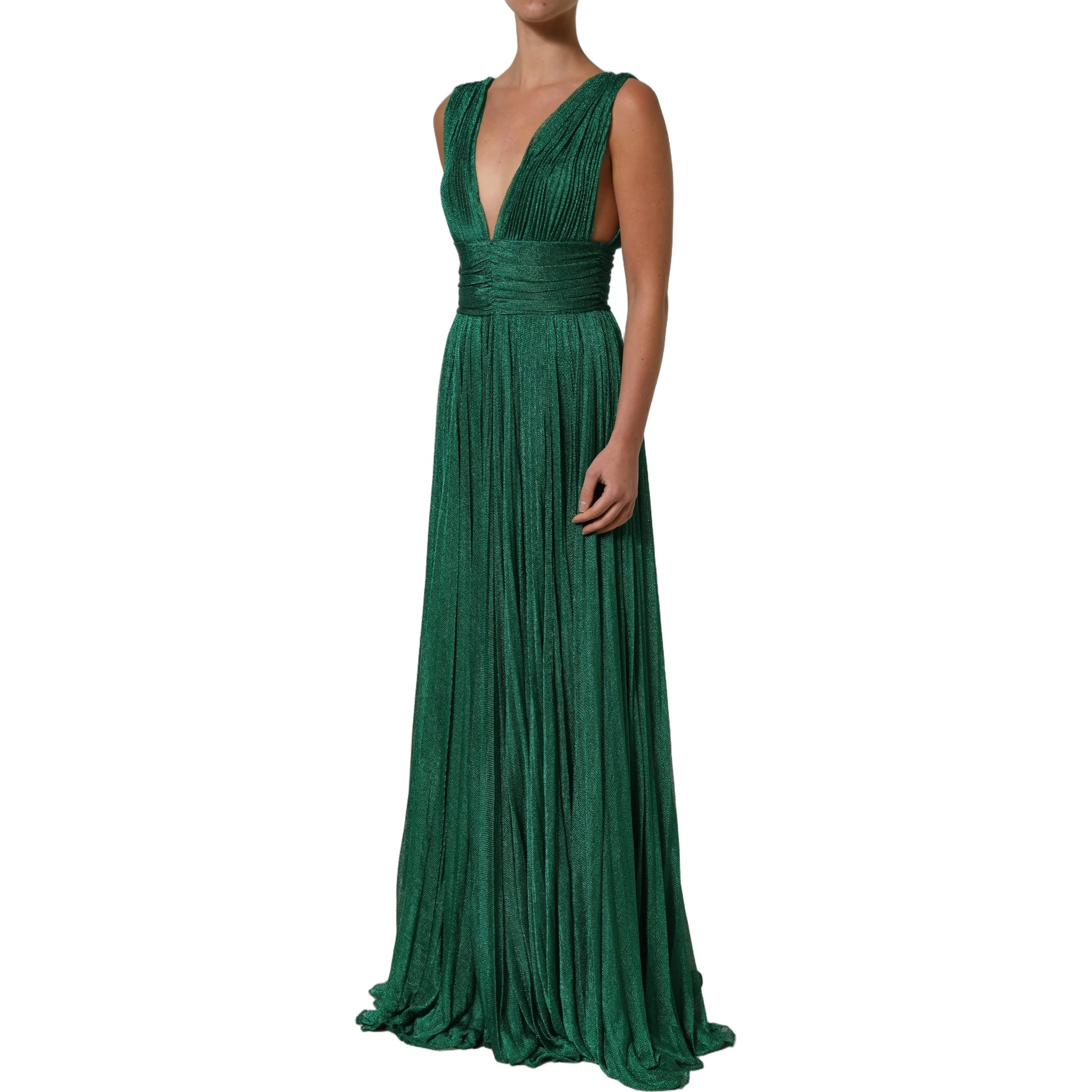 Metallic Green Sleeveless Plissé Gown Dress