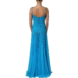 Blue Nylon Pleated Chiffon CutOut Gown Dress