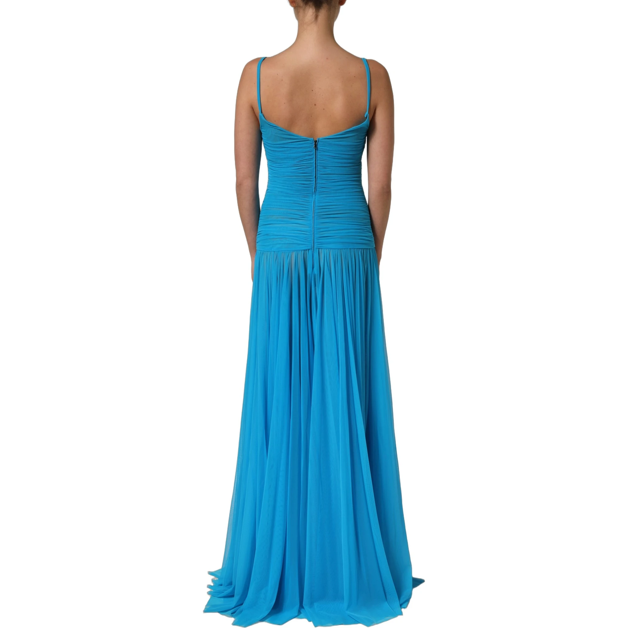 Blue Nylon Pleated Chiffon CutOut Gown Dress