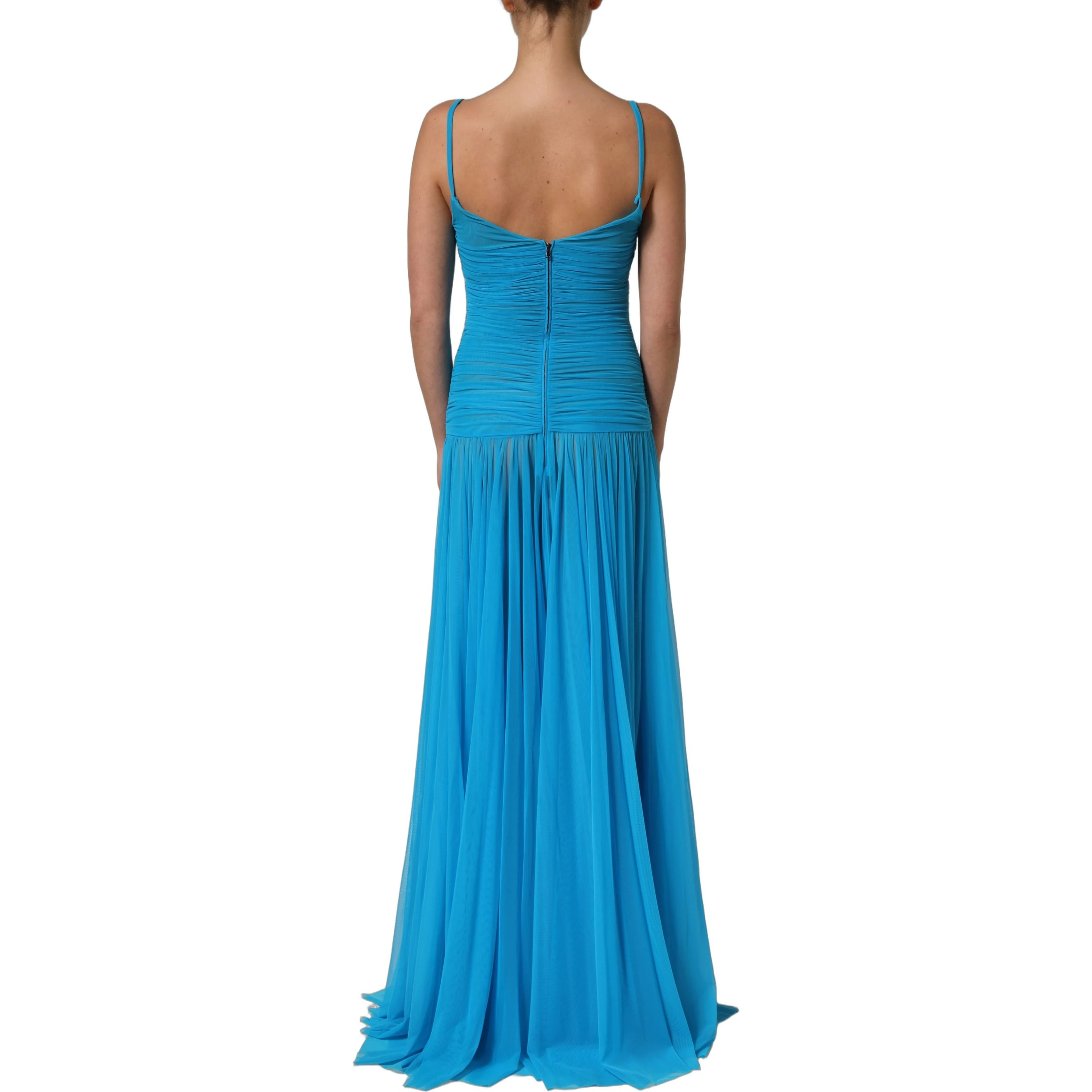 Blue Nylon Pleated Chiffon CutOut Gown Dress