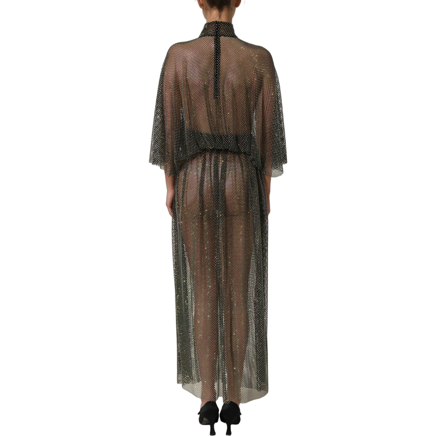 Black Rhinestone Mesh Turtleneck Maxi Dress