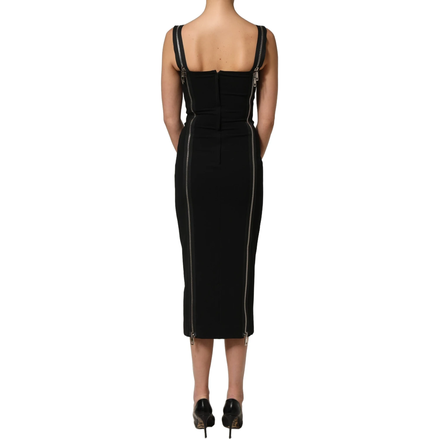 Black Sleeveless Front Zipper Midi Dress