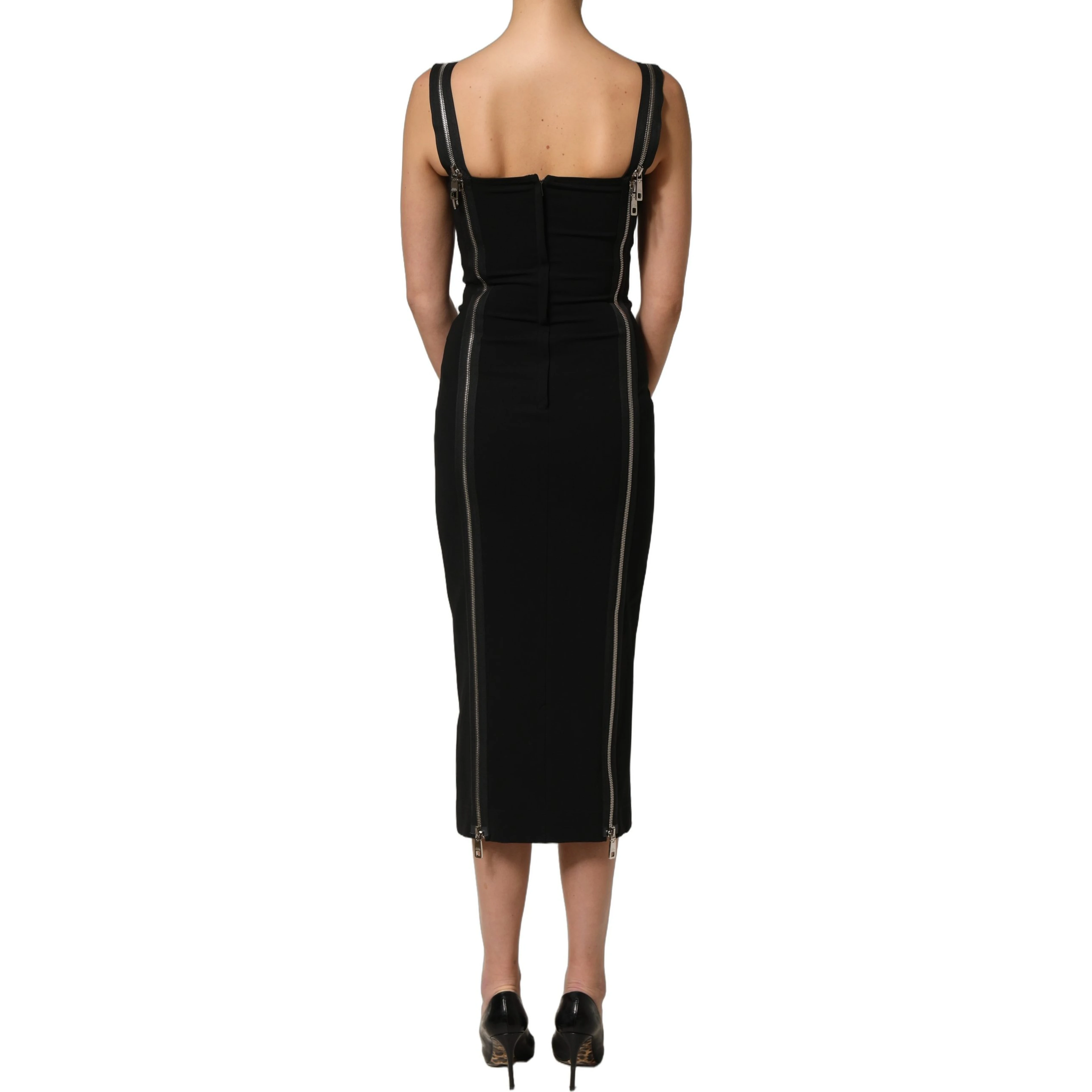 Black Sleeveless Front Zipper Midi Dress
