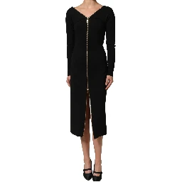 Black Long Sleeves Front Zipper Midi Dress