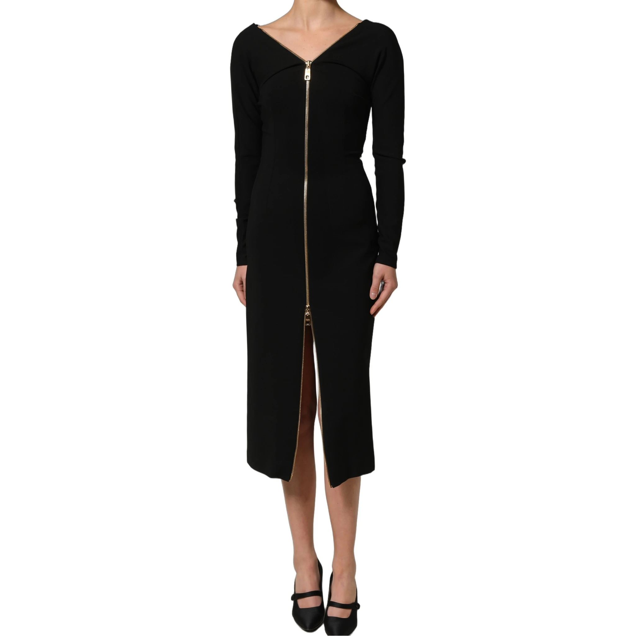 Black Long Sleeves Front Zipper Midi Dress