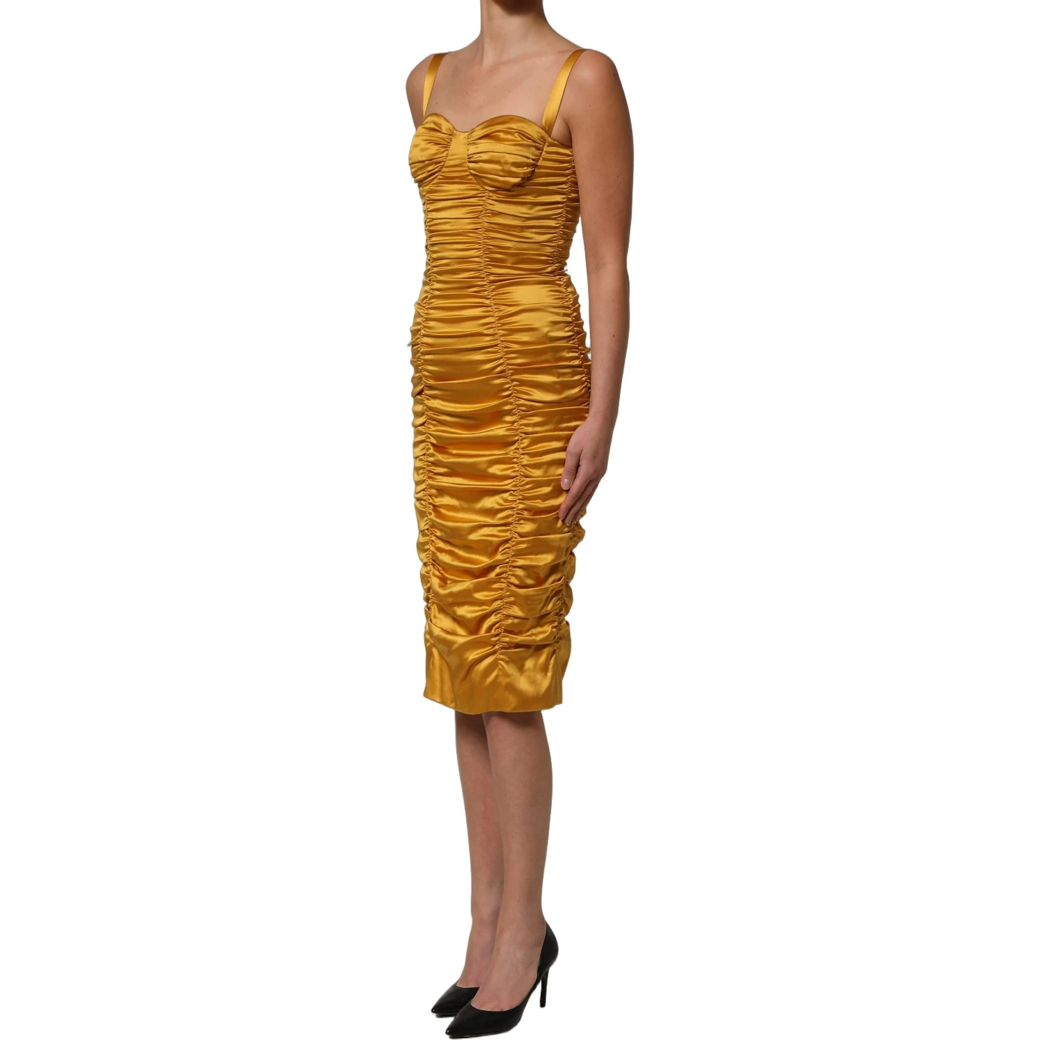Gold Silk Ruched Bodycon Sheath Midi Dress