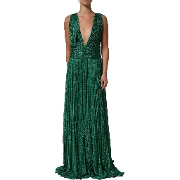 Metallic Green Sleeveless Plissé Gown Dress