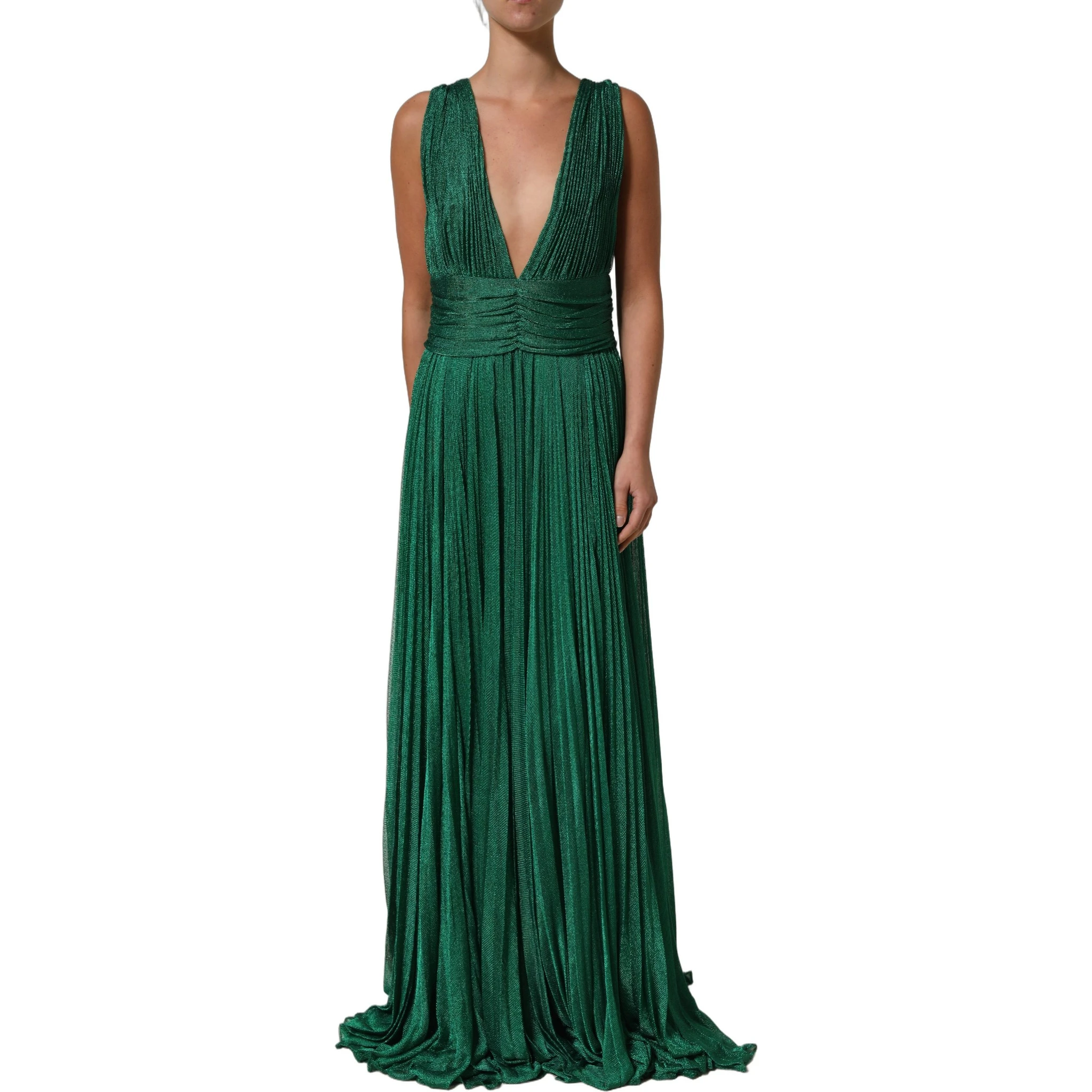 Metallic Green Sleeveless Plissé Gown Dress