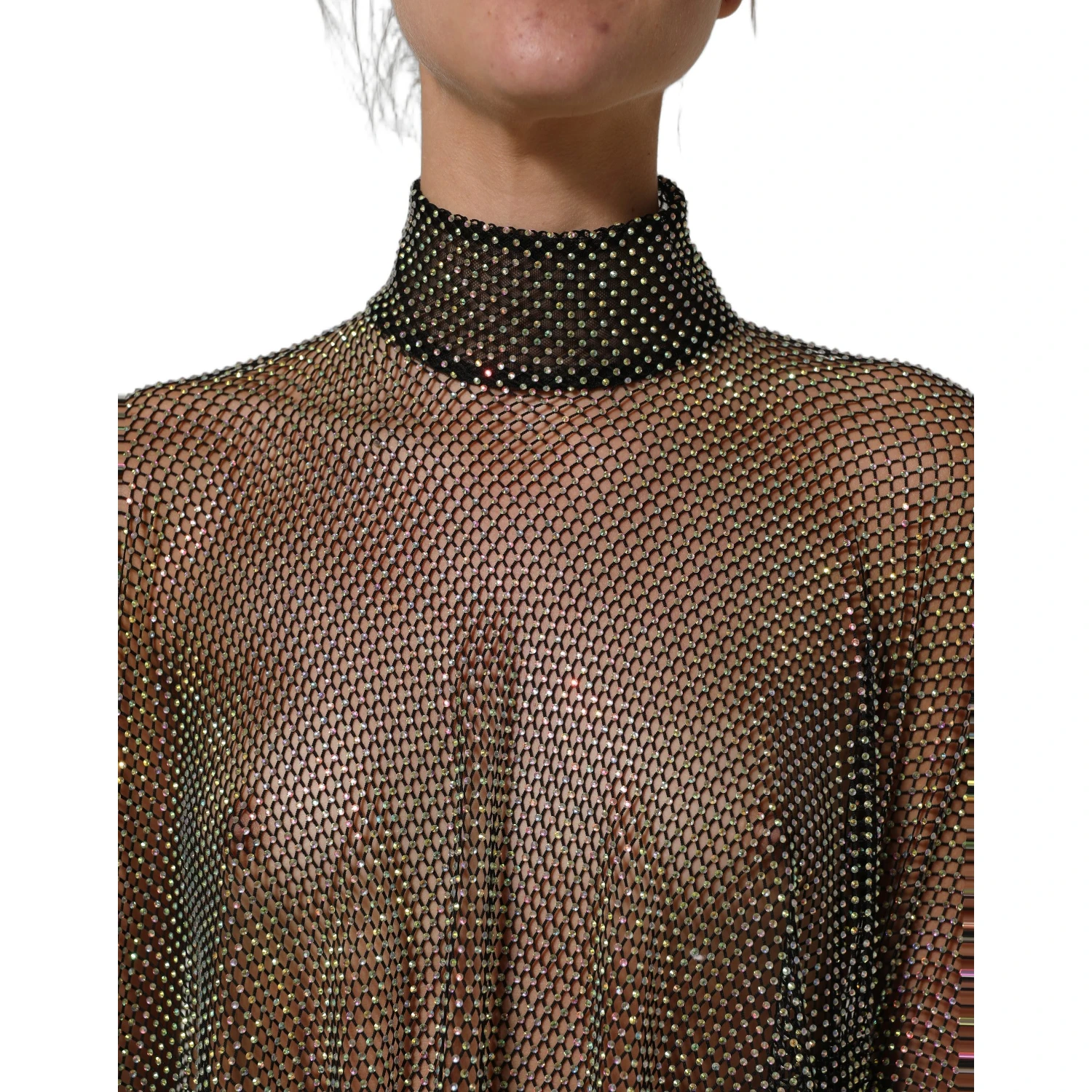 Black Rhinestone Mesh Turtleneck Maxi Dress