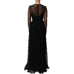 Black Mesh Lace Long Sleeved Maxi Gown Dress