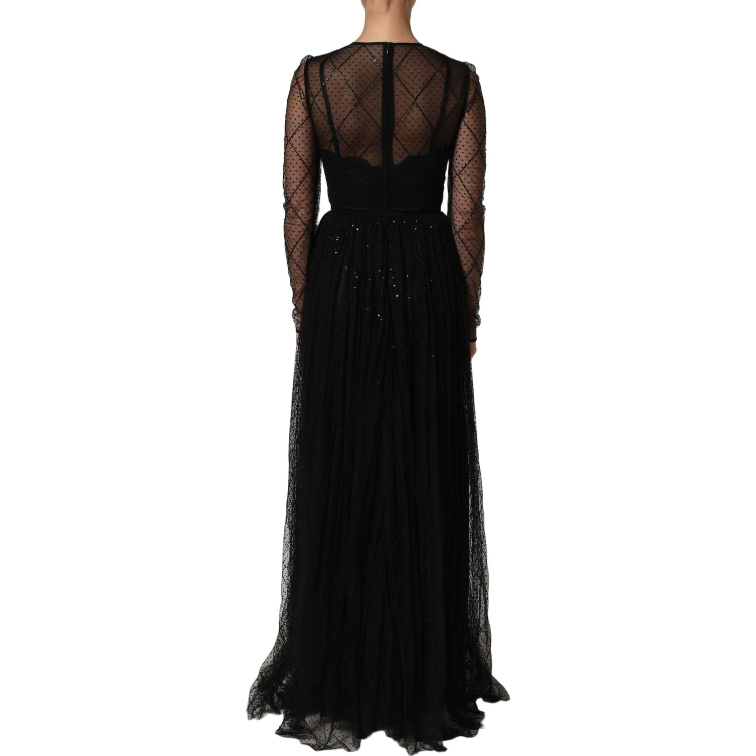 Black Mesh Lace Long Sleeved Maxi Gown Dress