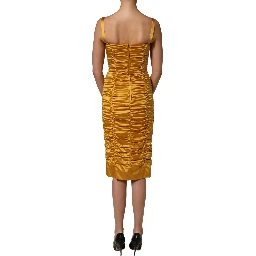 Gold Silk Ruched Bodycon Sheath Midi Dress