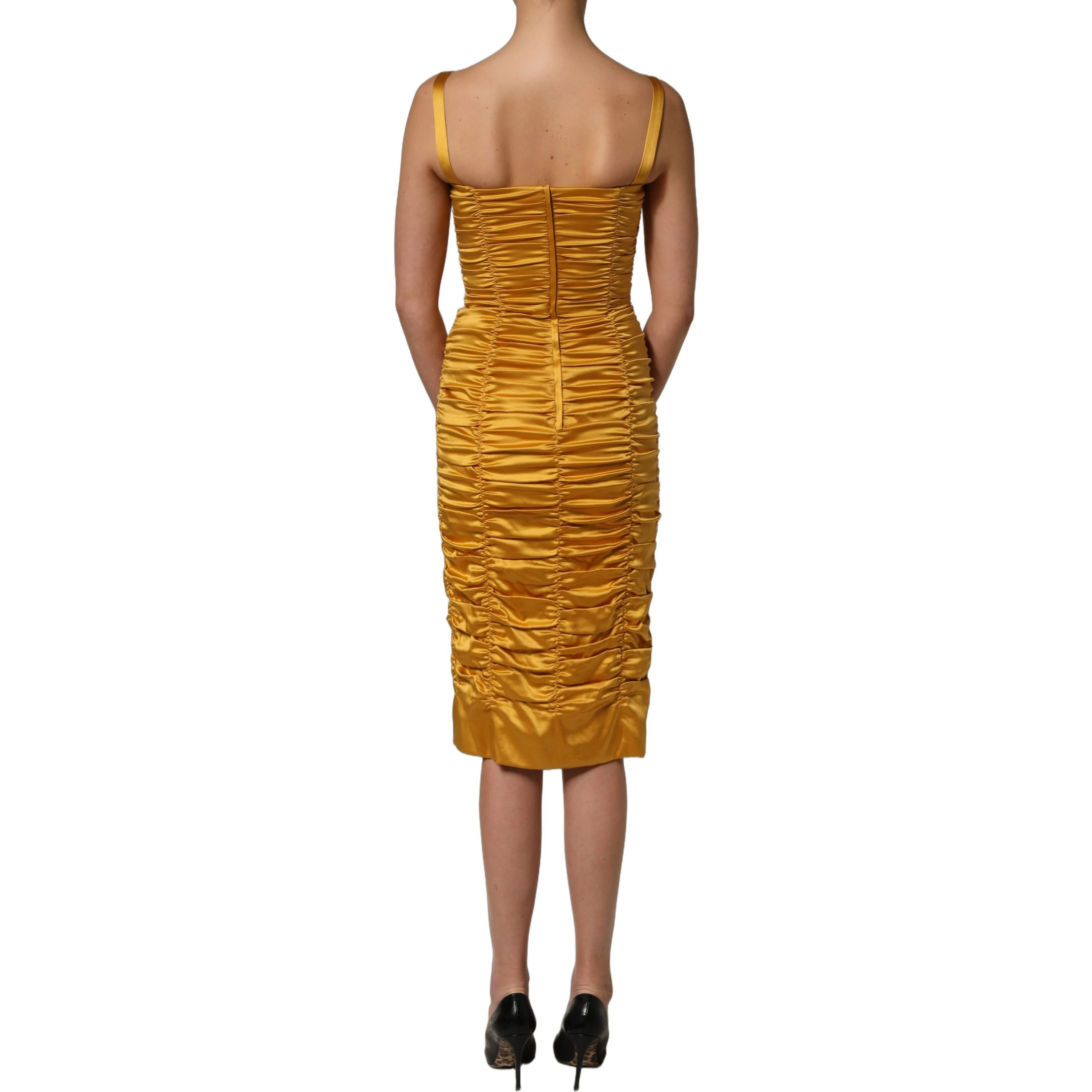 Gold Silk Ruched Bodycon Sheath Midi Dress