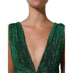 Metallic Green Sleeveless Plissé Gown Dress
