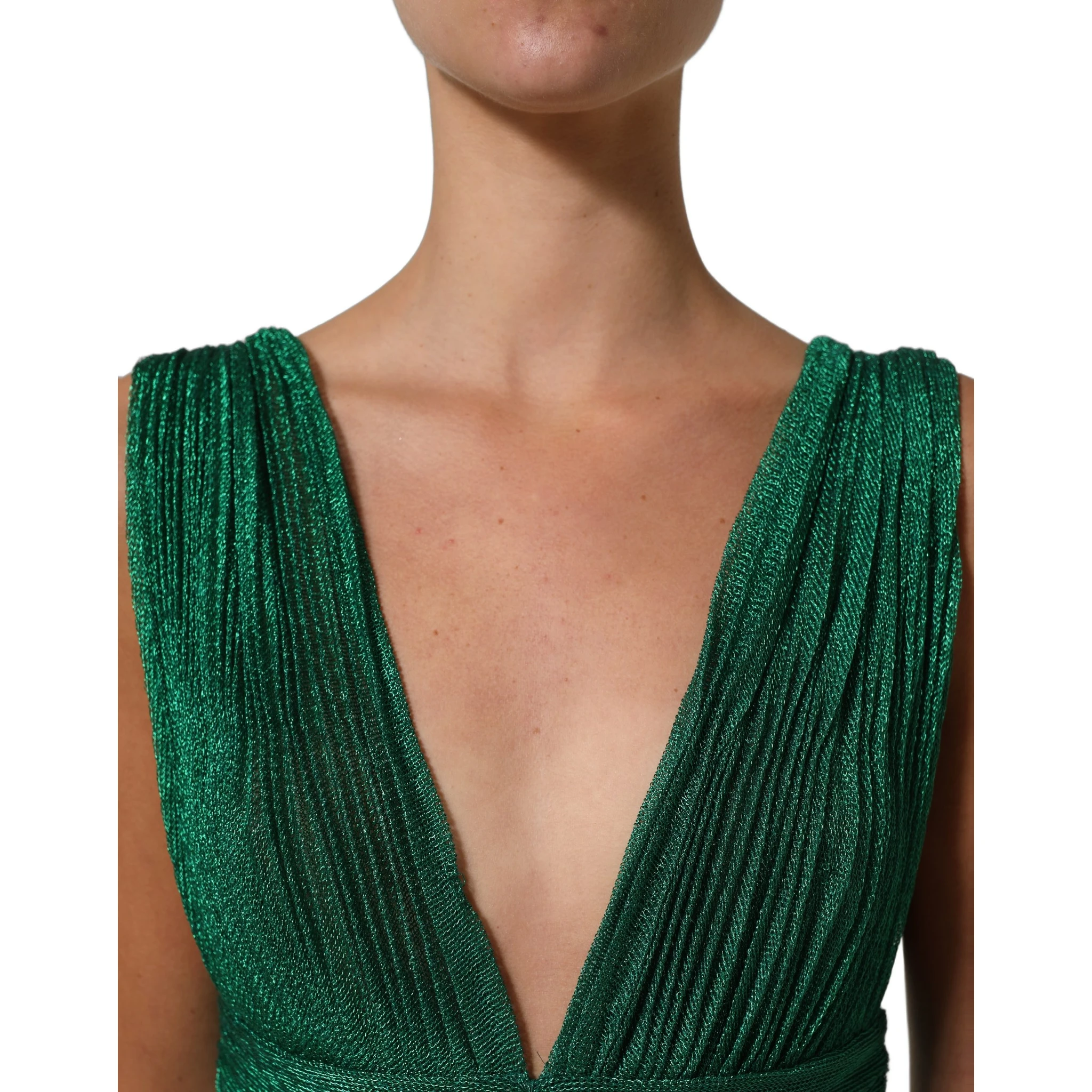 Metallic Green Sleeveless Plissé Gown Dress