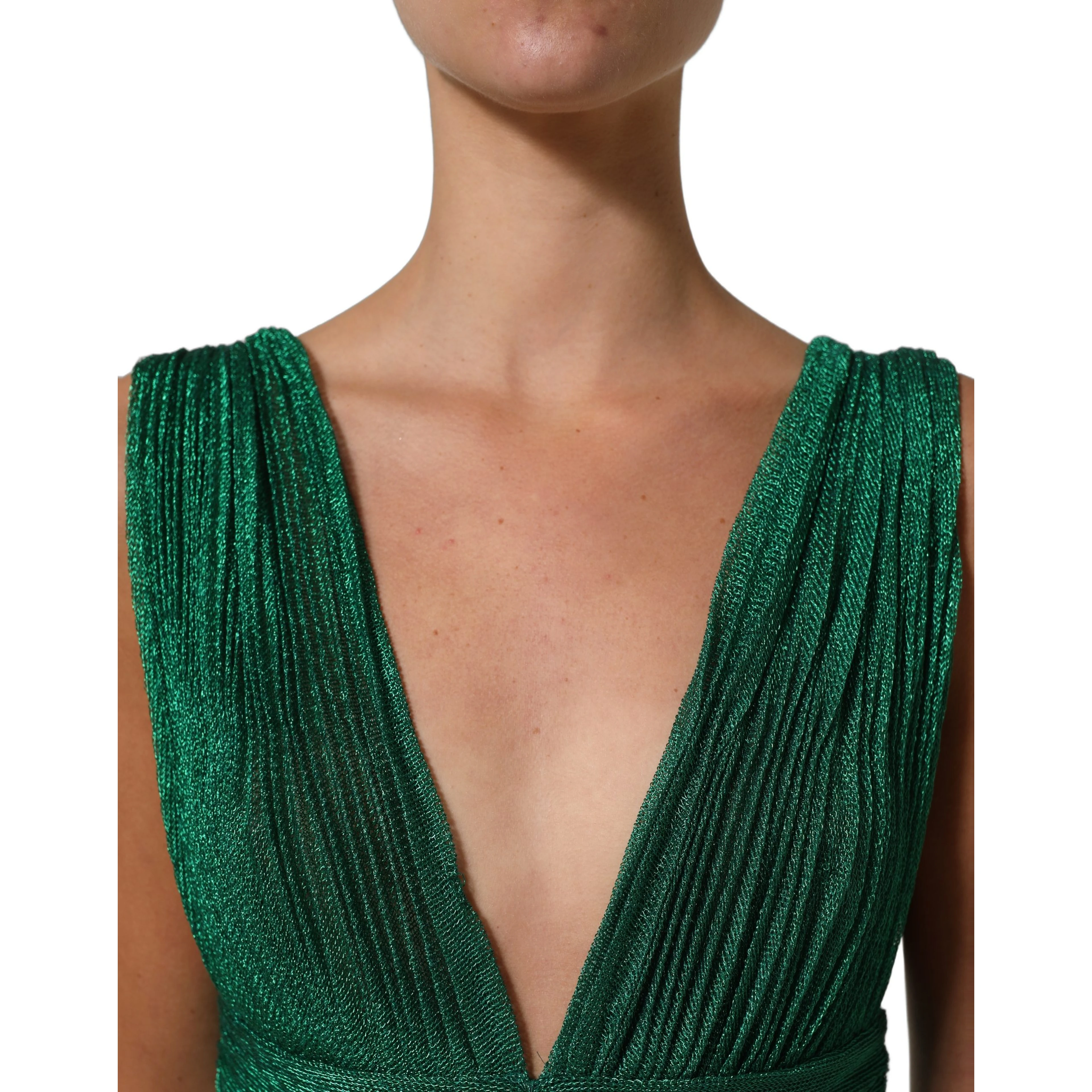 Metallic Green Sleeveless Plissé Gown Dress