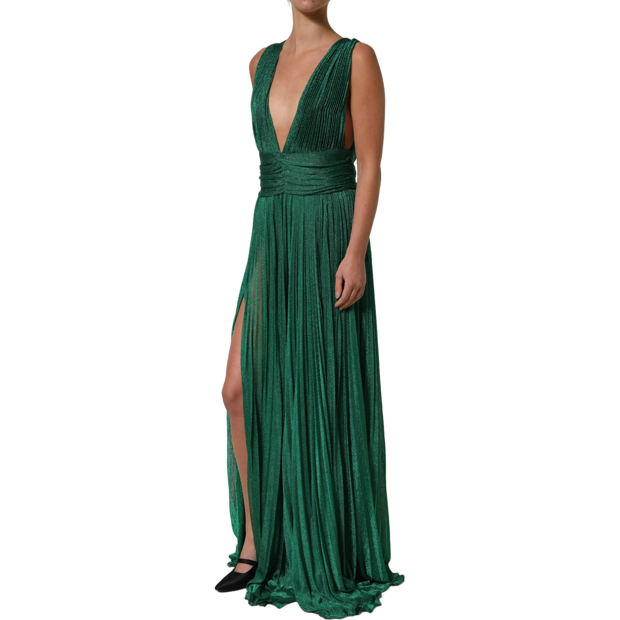 Metallic Green Sleeveless Plissé Gown Dress