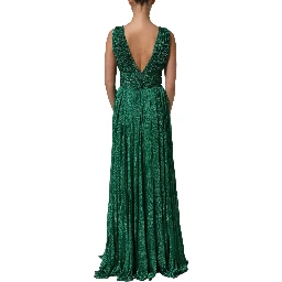 Metallic Green Sleeveless Plissé Gown Dress