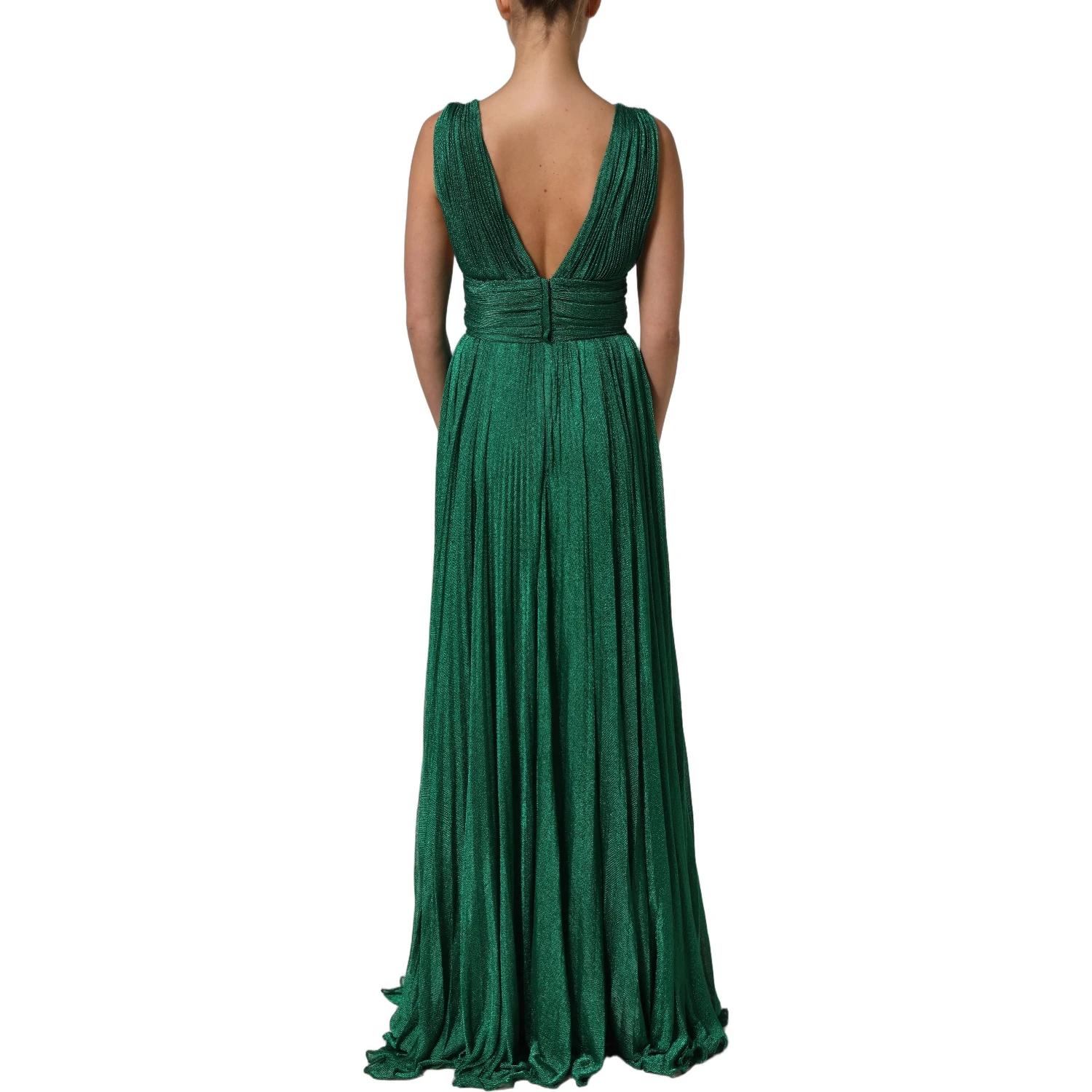 Metallic Green Sleeveless Plissé Gown Dress