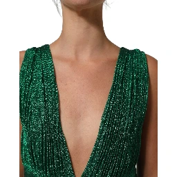 Metallic Green Sleeveless Plissé Gown Dress