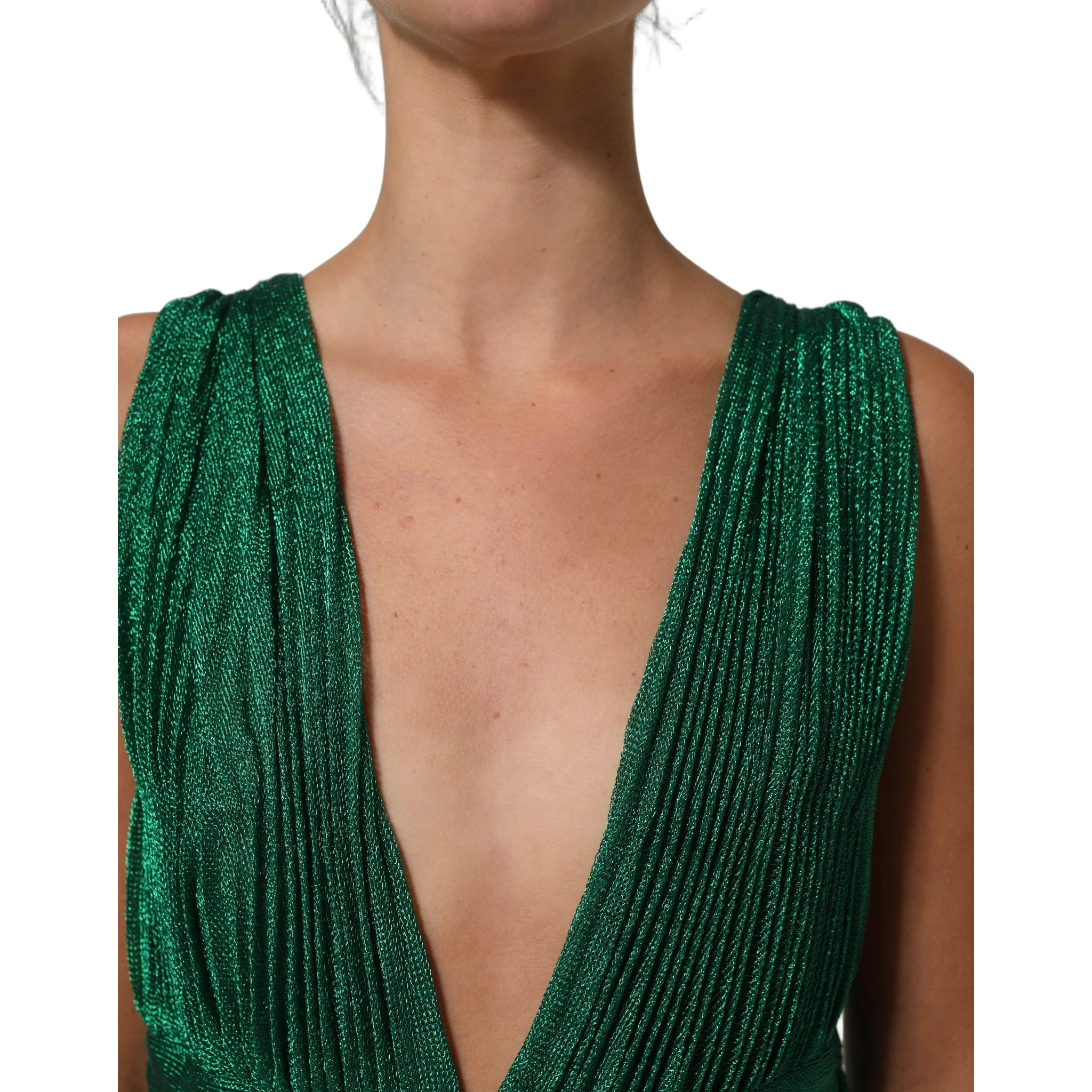 Metallic Green Sleeveless Plissé Gown Dress