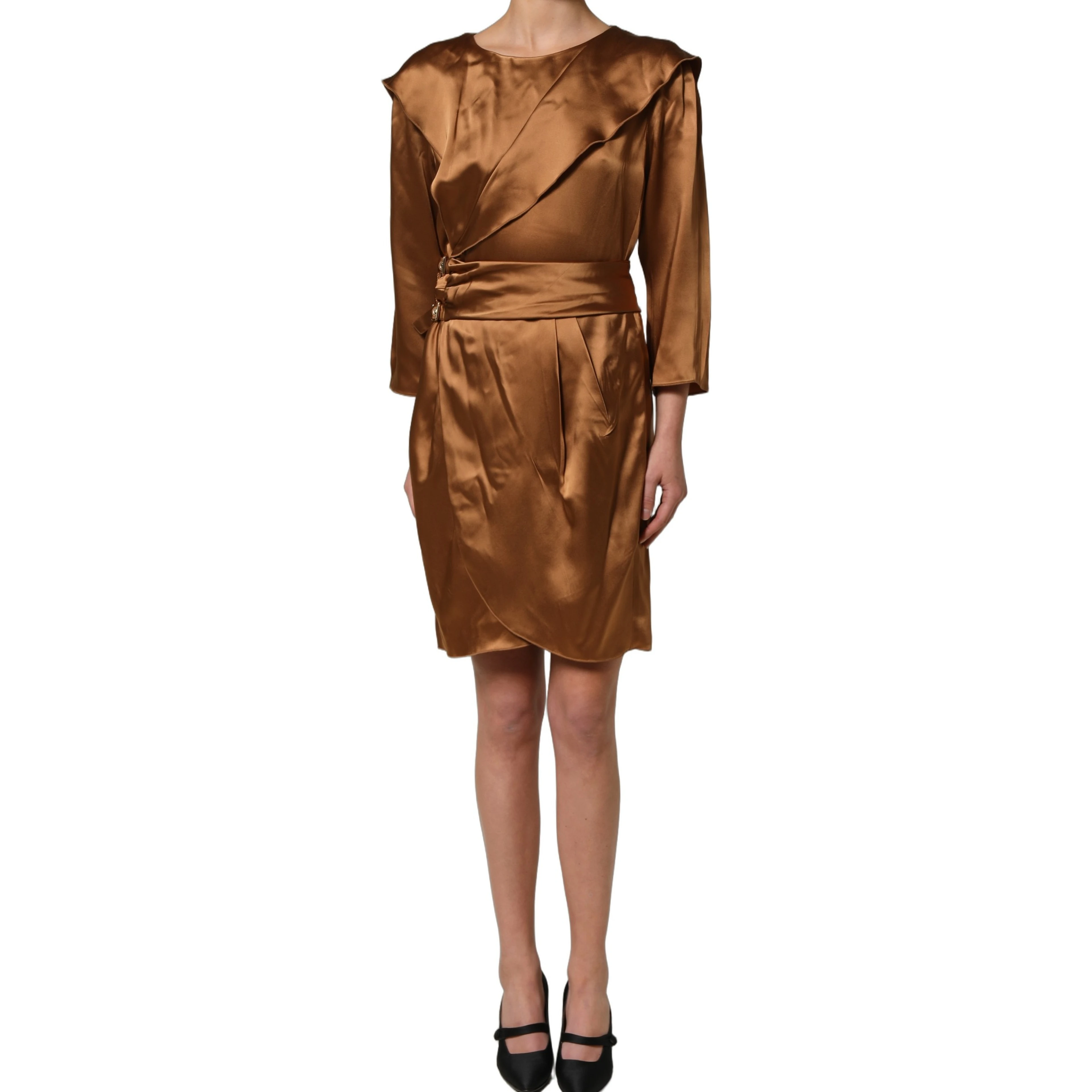 Brown Satin Acetate Wrap Sheath Mini Belted Dress