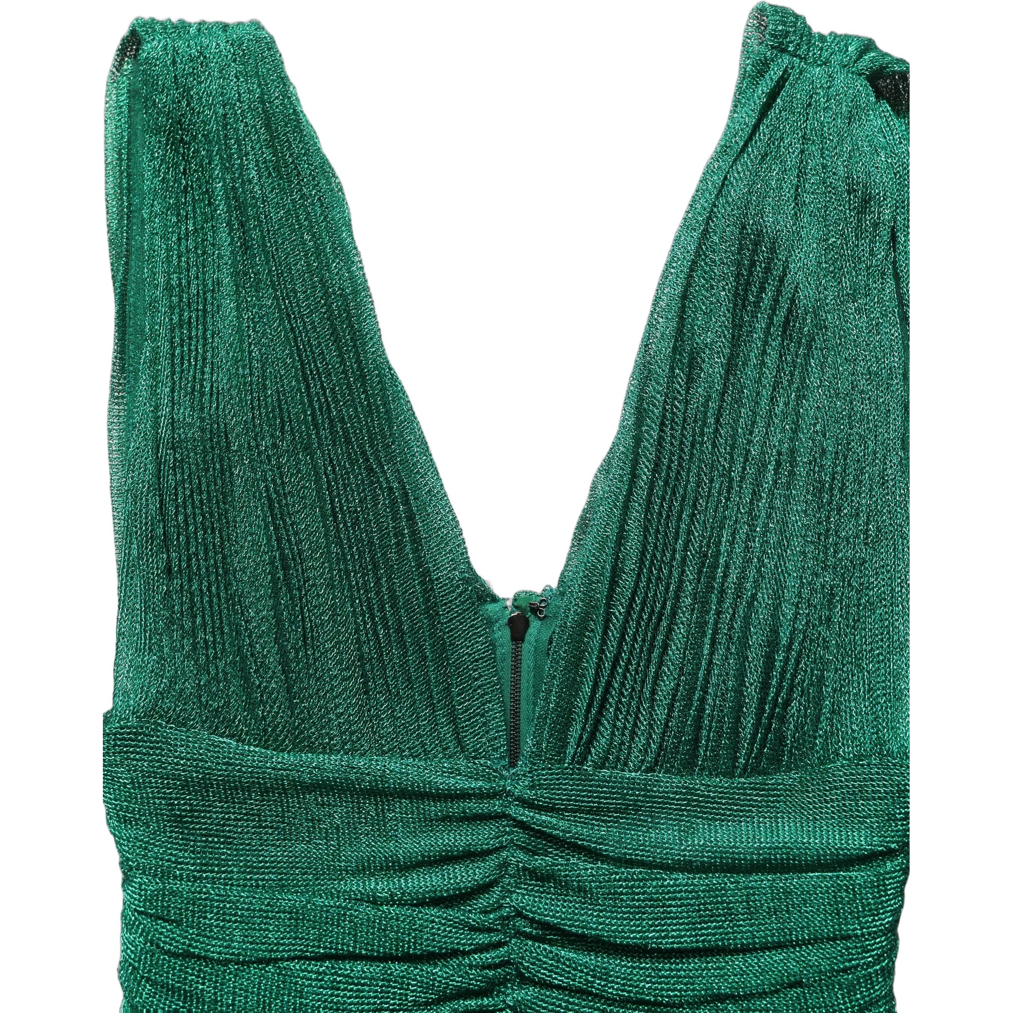 Metallic Green Sleeveless Plissé Gown Dress