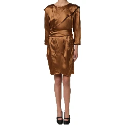 Brown Satin Acetate Wrap Sheath Mini Belted Dress