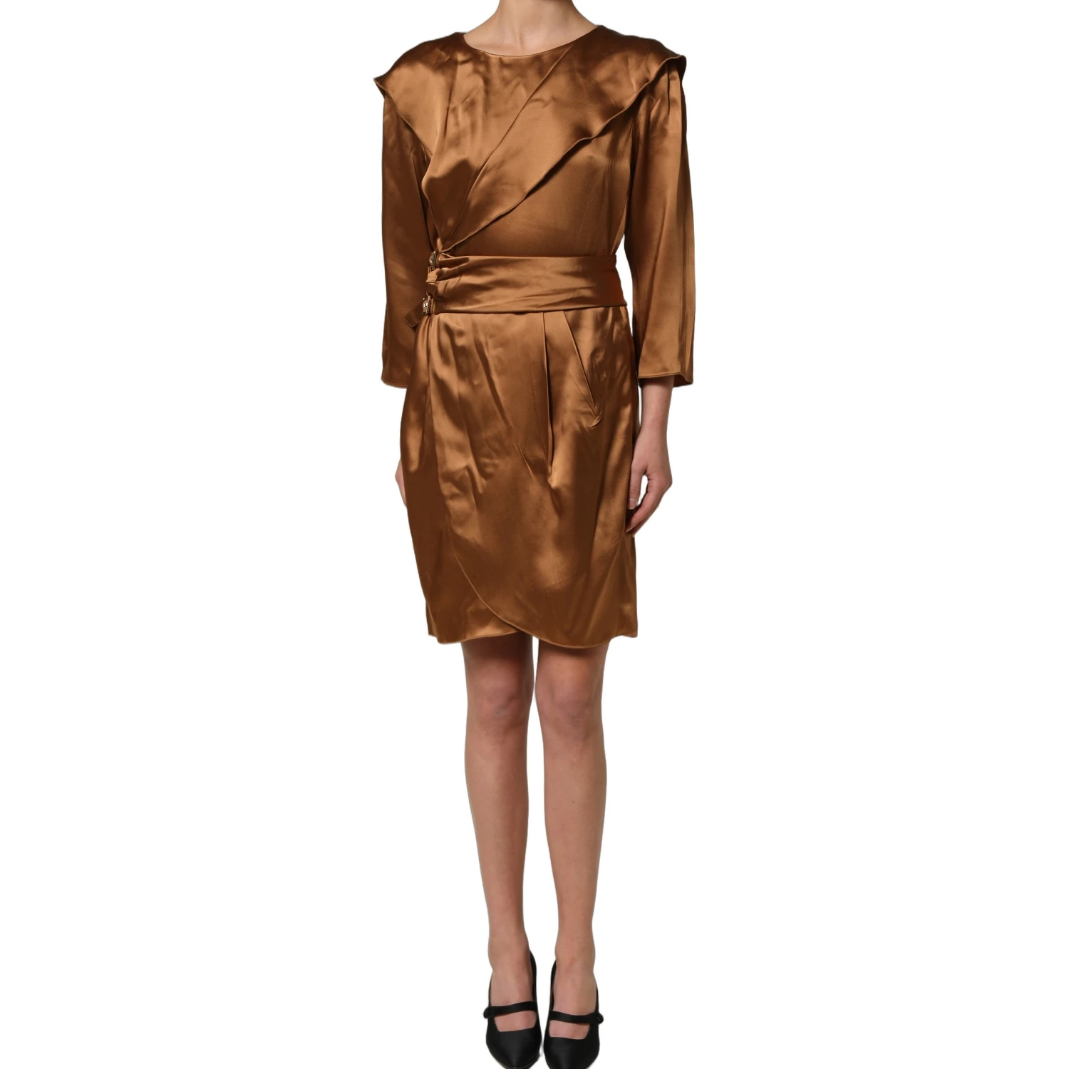 Brown Satin Acetate Wrap Sheath Mini Belted Dress