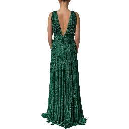 Metallic Green Sleeveless Plissé Gown Dress