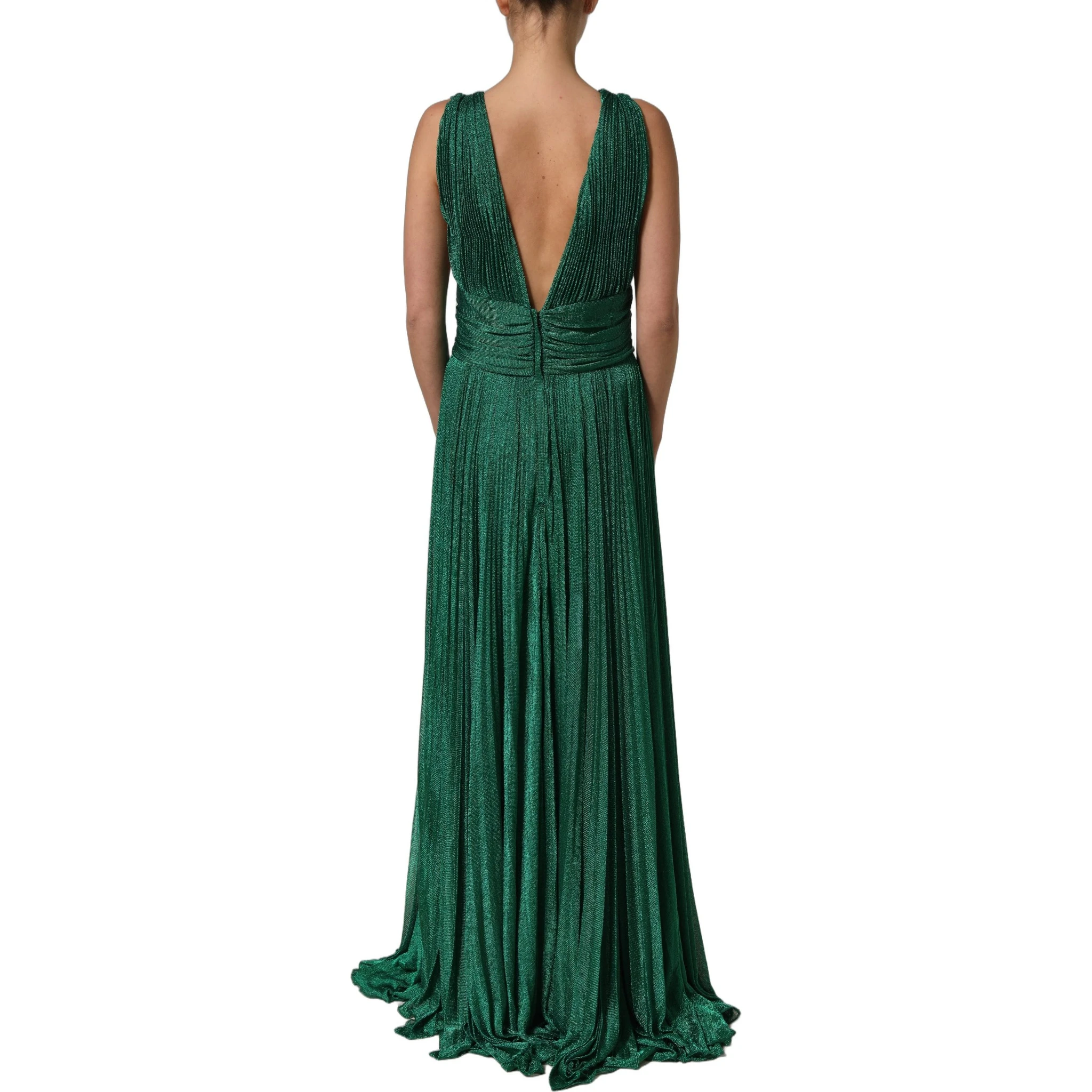 Metallic Green Sleeveless Plissé Gown Dress