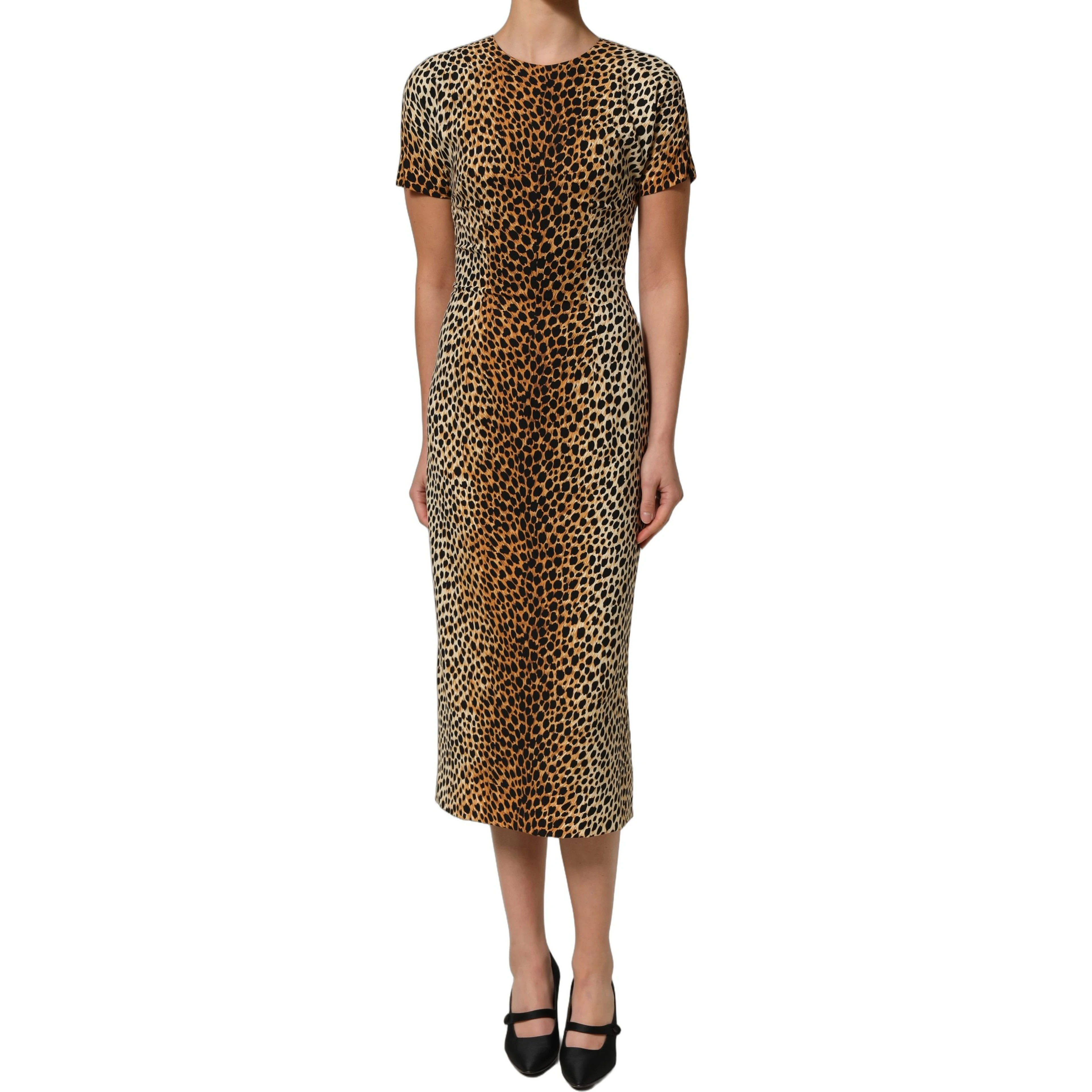 Brown Leopard Print Silk Sheath Midi Dress
