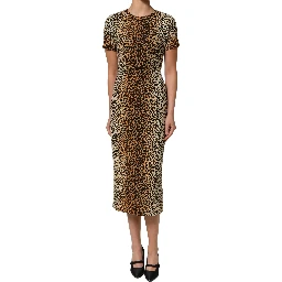 Brown Leopard Print Silk Sheath Midi Dress