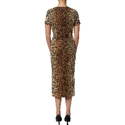 Brown Leopard Print Silk Sheath Midi Dress