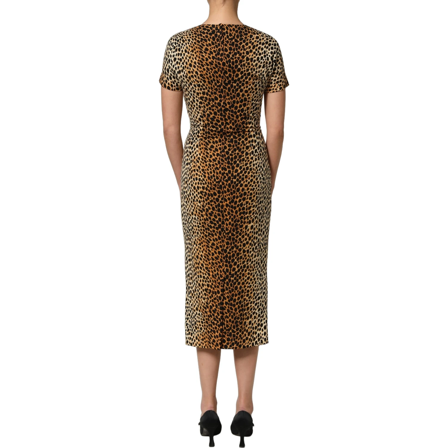 Brown Leopard Print Silk Sheath Midi Dress