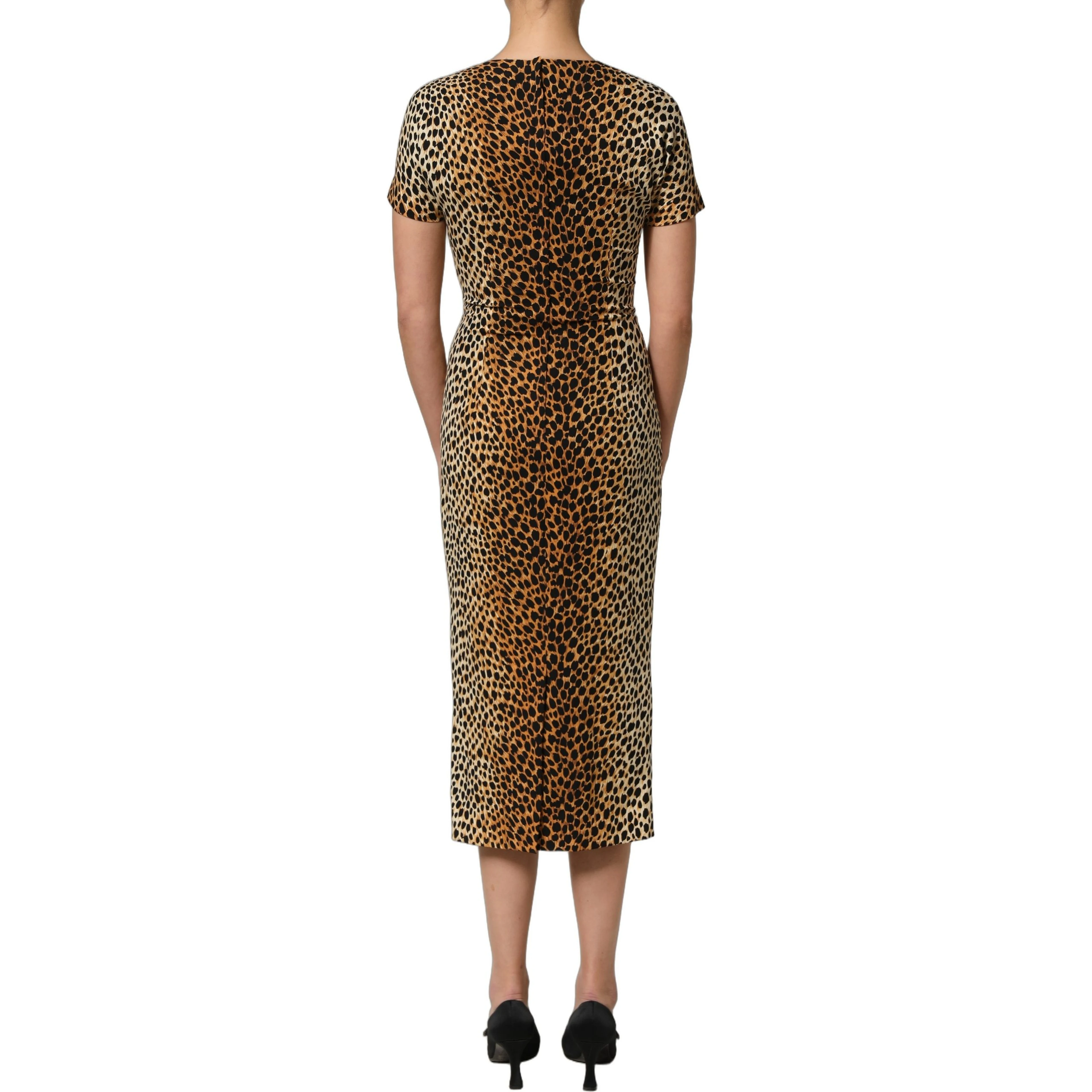 Brown Leopard Print Silk Sheath Midi Dress