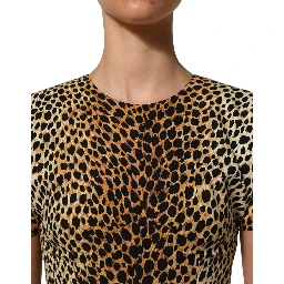 Brown Leopard Print Silk Sheath Midi Dress